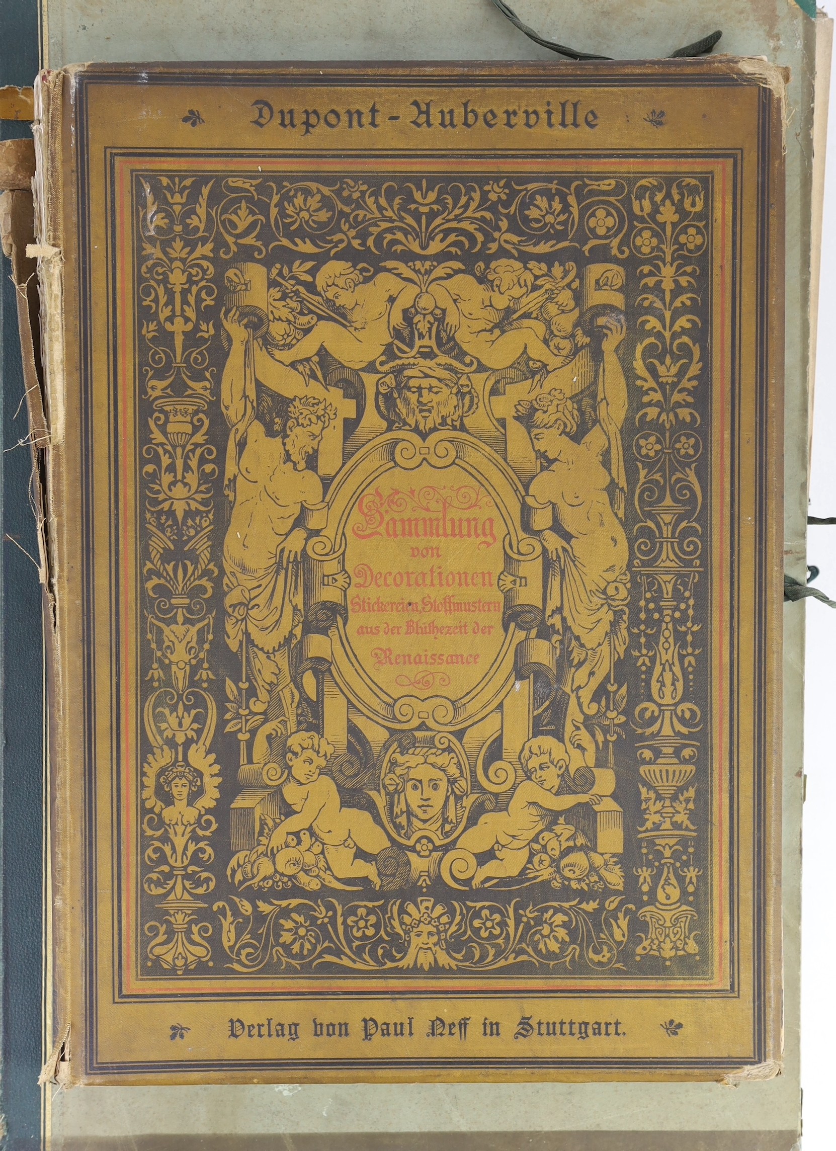 Ewald, Ernst - Farbige Decorationem alter und Neuer Zeit, 2 vols, folio, with 160 coloured plates loose in printed boards, Berlin, 1887-96 and Dupont-Auberville, M - Sammlung Decorationen Stickereien und Stoffmustern, fo